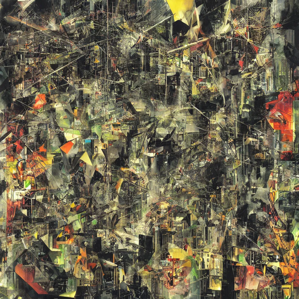 Prompt: digital birds fly over a progressively rasterized city of neon virtual networks and information visualization, oil on canvas by dave mckean and roberto matta