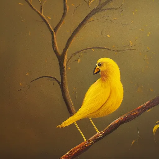 Prompt: A beautiful and elegant oil painting of a golden bird in a tree, 50mm lens, studio lighting, oil painting, matte, no blur, close up, 4k, by Sandro Boticceli