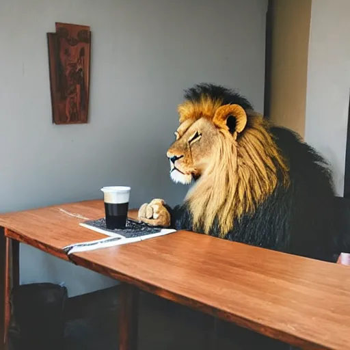 Image similar to a lion sitting on a table with a cup leaking coffee on the table next to him.