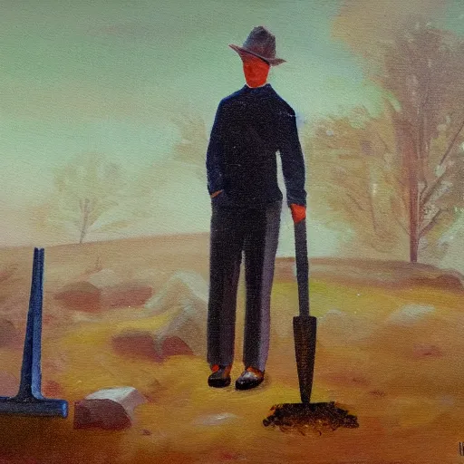 Image similar to A oil painting of a man with a shovel standing next to an open grave, subtle blue, orange, and dark green tones, high quality, high detail,