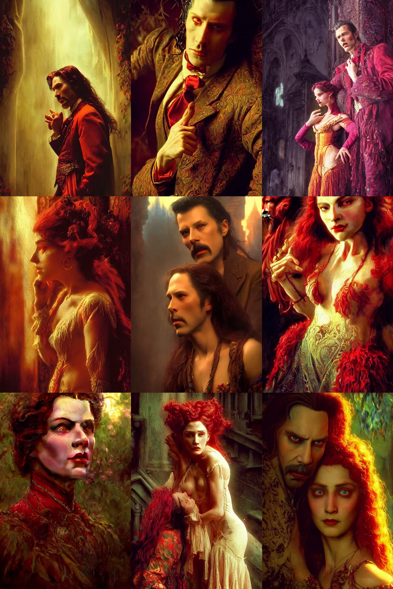 Prompt: vibrant aesthetic highly detailed photography of characters in gaston bussiere, characters with hyperrealistic highly detailed faces. from bram stoker's dracula 1 9 9 2 by joe dante and denis villeneuve and gregory crewdson style with many details by craig mullins. volumetric natural light hyperrealism photo on dsmc 3 system