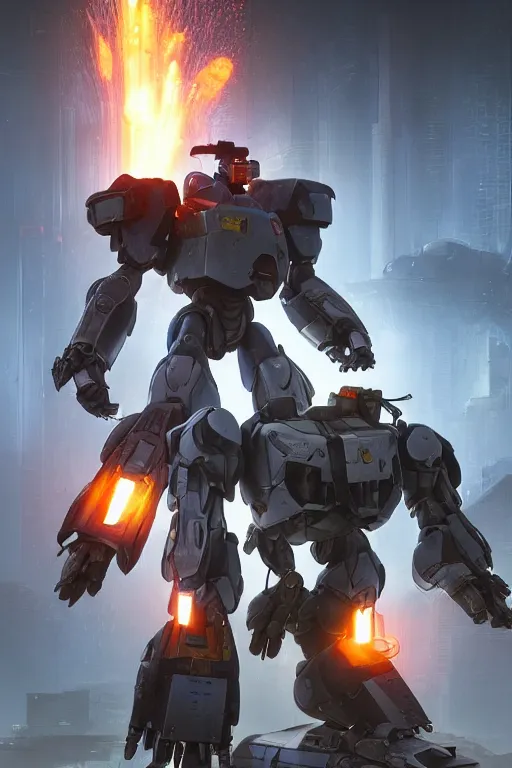 Image similar to mechwarrior 5 : mercenaries mech megaman transformer robot boss tank engine game octane render, 4 k, hd 2 0 2 2 3 d cgi rtx hdr style chrome reflexion glow fanart, global illumination ray tracing hdr fanart arstation by ian pesty by jesper ejsing pixar and disney unreal zbrush central hardmesh