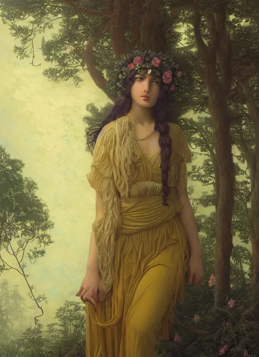 Image similar to intricate oil painting portrait by John William Godward and Anna Dittman and Laurie Greasley and Victo Ngai and Taro Okamoto and Caspar David Friedrich depicting a female fantasy priestess in a bright temple surrounded by yellow spring forest and dead trees, evening, atmospheric lighting, intricate detail, cgsociety, hyperrealistic, octane render, RPG portrait, ambient light, dynamic lighting