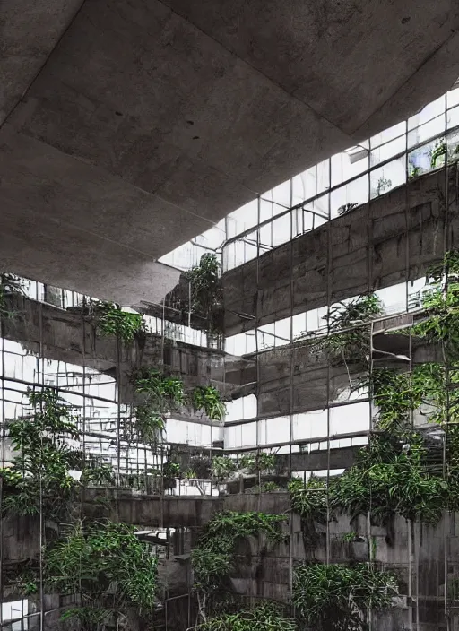 Prompt: “derelict architecture single building , the floor are checkered with plants around the building, building designed by architect Oscar Niemeyer, architecture digest, building surrounded in a luxury environment, bright tones, fluorescent lighting,volumetric Lighting, photorealism, high detail, golden ratio, cinematic, octane renderer”