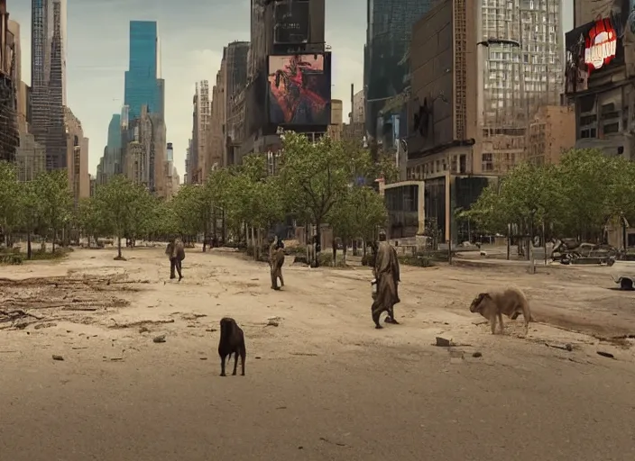 Image similar to film still of post apocalyptic empty time square, overgrown with wildlife walking through in the new sci - fi movie, 8 k