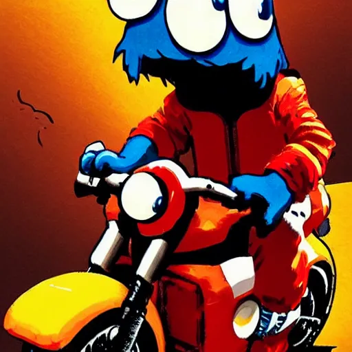 Image similar to illustration of cookie monster riding kaneda's motorcycle from akira by ilya kuvshinov katsuhiro otomo