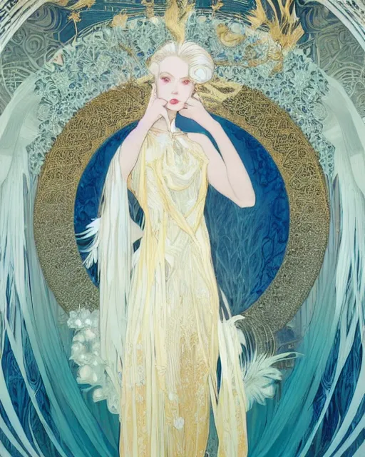 Prompt: portrait of an ethereal woman with pale hair and gold eyes wearing a flowing white and gold gown surrounded by feather motifs, ilya kuvshinov, greg rutkowski, alphonse mucha, kay nielsen, ross tran, artgerm, anime, intricate, digital painting, concept art