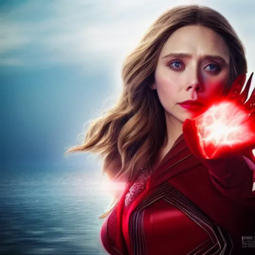 Image similar to movie still of elizabeth olsen as the scarlet witch afloat!!!!! in the air with red glowing eyes, emanating red magic!!!!! from her palms, full - body portrait, trending on artstation, 8 k quality, cgsociety contest winner, artstation hd, artstation hq, luminous lighting, beautiful cloudy atmosphere