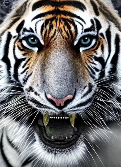 Prompt: a colour photo of a tiger, a photorealistic painting by christian w. staudinger, behance, hyperrealism, hyper realism, majestic, wallpaper