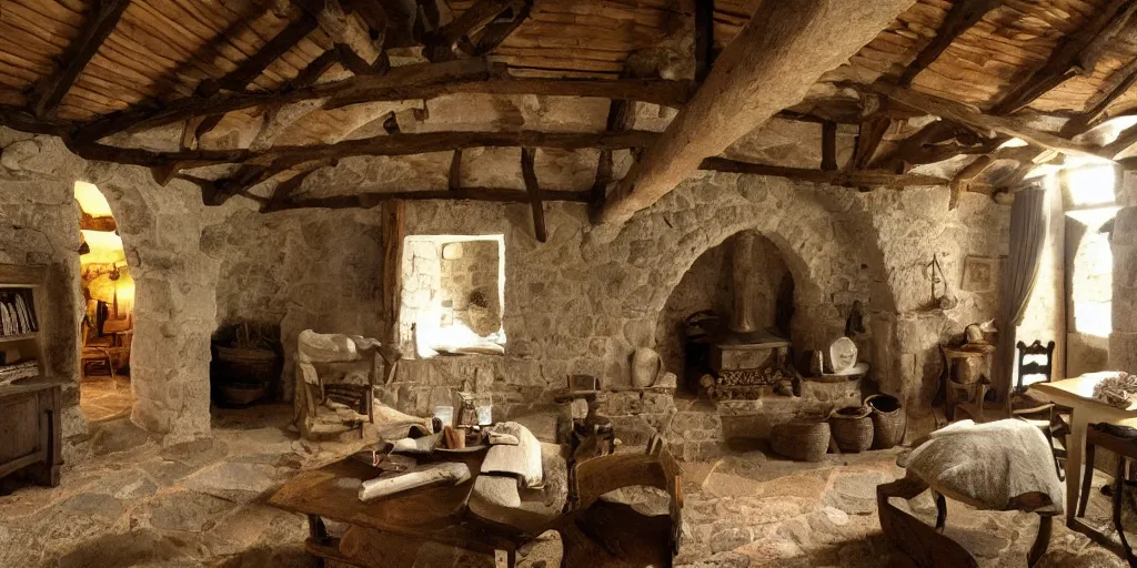 Prompt: medieval cottage interior