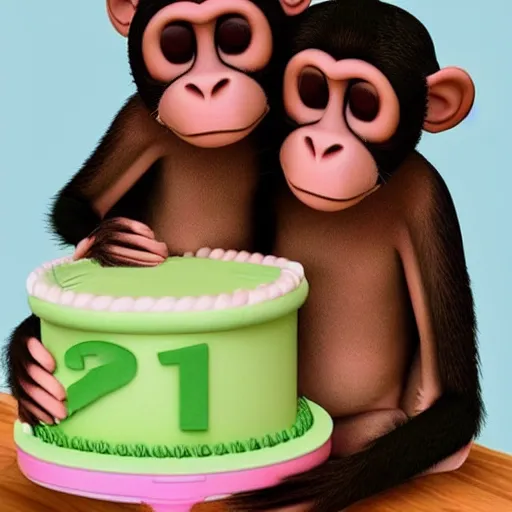 Image similar to an older monkey hugging his younger sister, birthday, cake, hyper realistic