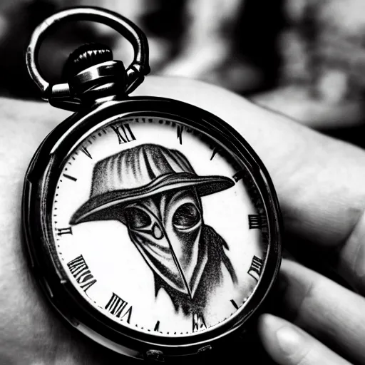 Image similar to photograph of a tatoo showing an etching of a plague doctor side shot looking at a very old pocket watch in the palm of his hand