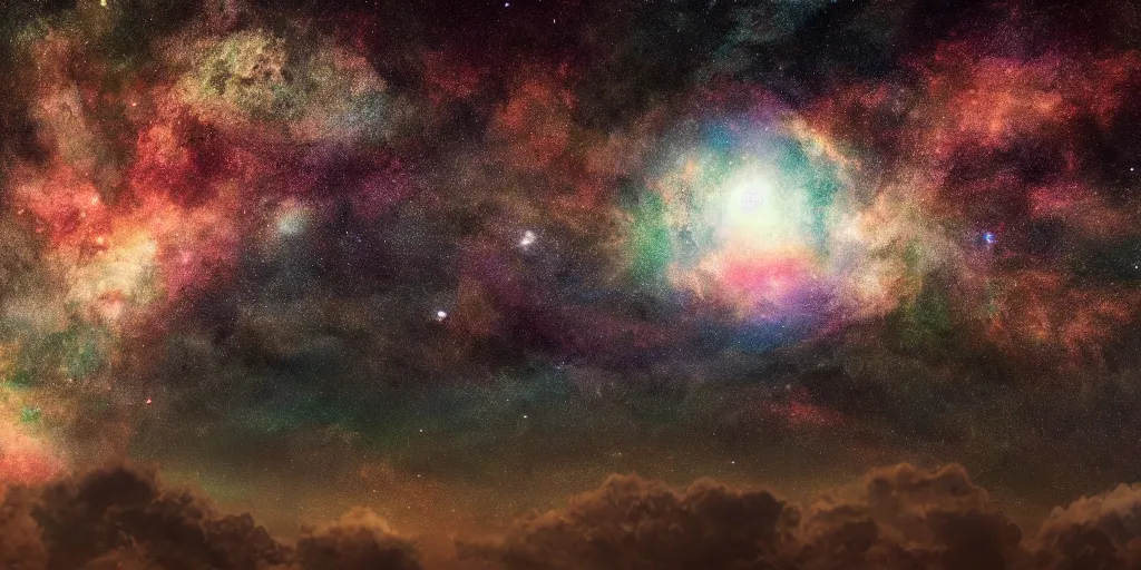 Image similar to astrological universe projected onto a cosmic radiation background, milky way galaxy in the distance, cosmic nebulous clouds, octane render, photorealistic illustration, colored pencil art, doug tenpal style, 8 k resolution,