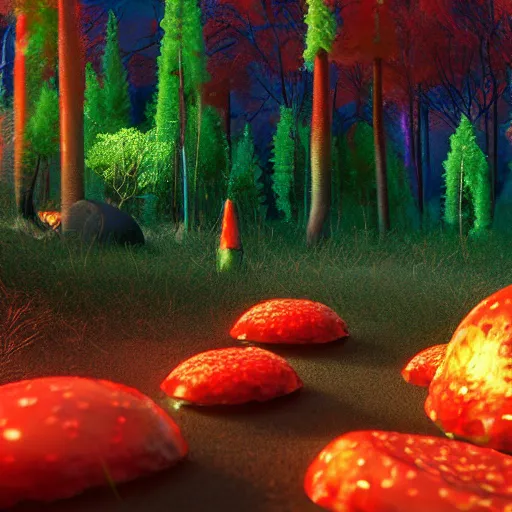 Image similar to A realistic strange neon lanscape, realistic, 4k resolution, detailled, realistic shaders, neon mushrooms, mushrooms particles, painting, forests, strange neon plants, realistic, detailled.