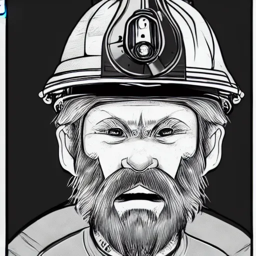 Image similar to An old man with a ginger beard, wearing a fire fighters helmet, highly detailed, digital art, sharp focus, trending on art station, anime art style