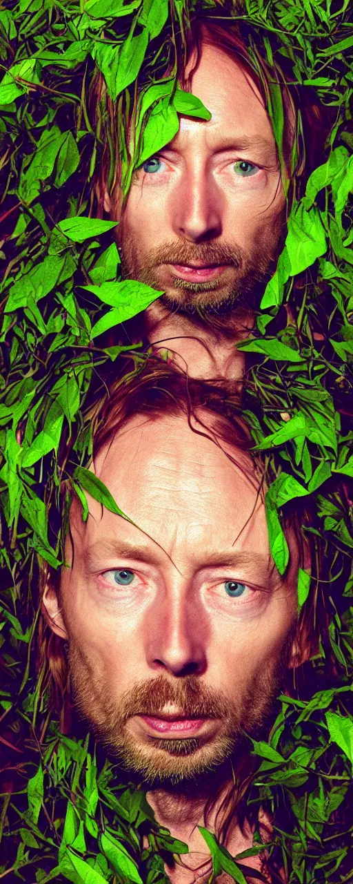 Image similar to disco diffusion portrait of Thom Yorke, hiding in the bushes looking shifty