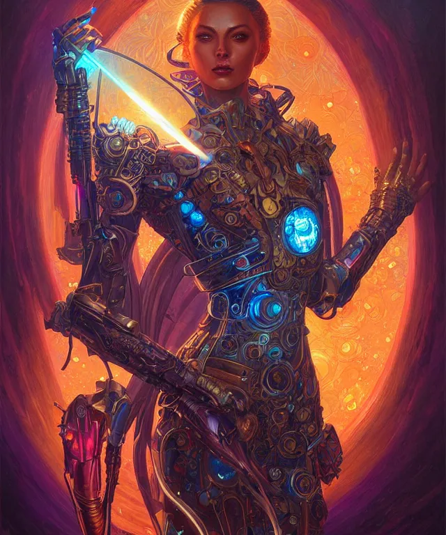 Prompt: a beautiful tarot card artwork of a cyberpunk crystal paladin, backlit, dazzling, highly detailed, digital painting, by karol bak and eddie mendoza and dan mumford and artgerm, vivid colors, masterpiece, detailed shading, 8 k resolution, intricate, smooth