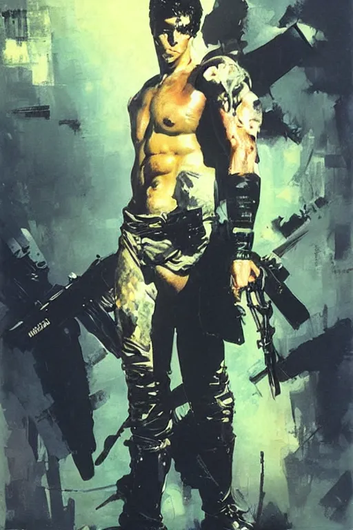 Prompt: synthwave, attractive male, painting by edwin longsden long, yoji shinkawa, craig mullins, tom of finland