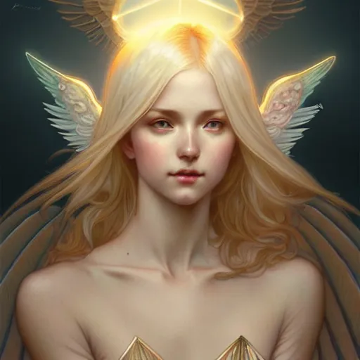 Prompt: Winged girl angel with blonde hair and glowing halo, iridescent, seraphim, fantasy, intricate, elegant, highly detailed, digital painting, artstation, concept art, smooth, sharp focus, illustration, art by Krenz Cushart and Wenqing Yan and Alphonse Mucha