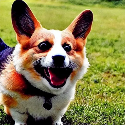 Image similar to an extremely angry corgi, terrifying, dangerous, attacking, snarling, mean, vicious
