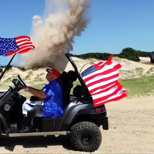 Image similar to donald trump riding a nuke, dirt bikes, golf cart, america flag, prison