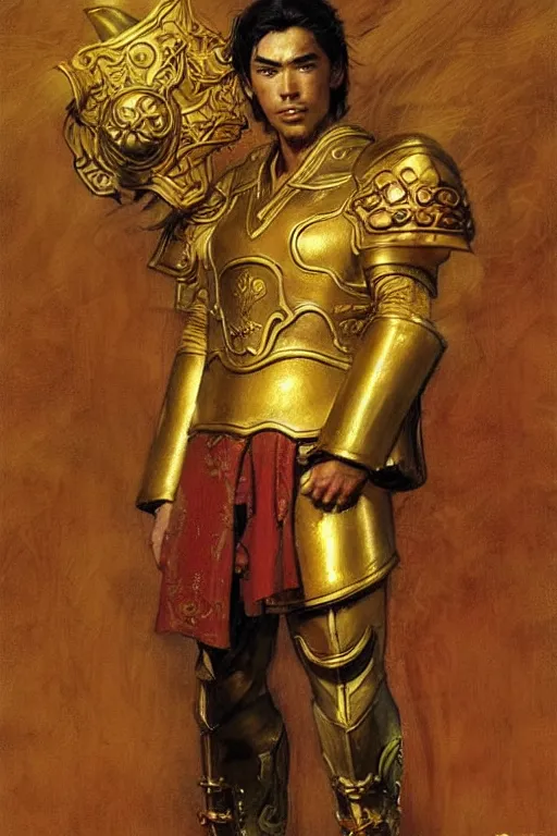 Image similar to tales of earthsea, attractive male with golden armor, ming dynasty, character design, painting by gaston bussiere, craig mullins, j. c. leyendecker, tom of finland