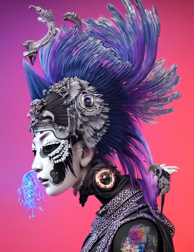 Image similar to 3 d goddess close - up profile portrait punk with mohawk with ram skull. beautiful intricately detailed japanese crow kitsune mask and clasical japanese kimono. betta fish, jellyfish phoenix, bio luminescent, plasma, ice, water, wind, creature, artwork by tooth wu and wlop and beeple and greg rutkowski