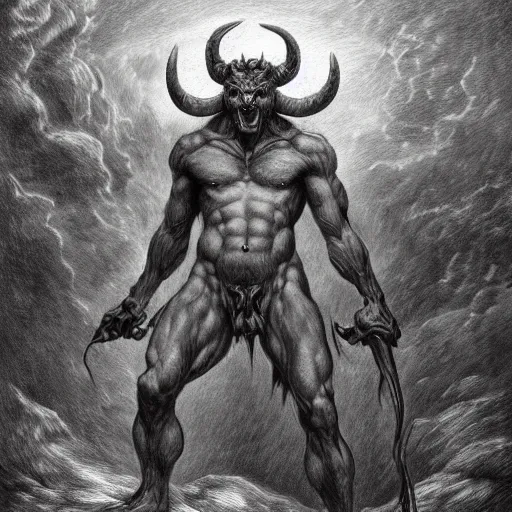 Image similar to full body grayscale drawing by Gustave Dore of muscled humanoid balrog beast with horns in heroic pose, swirling flames in background