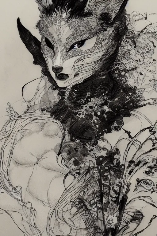 Image similar to portrait of a girl in kitsune demon fox mask and black suit, pen and ink, intricate line drawings, by craig mullins, ruan jia, kentaro miura, greg rutkowski