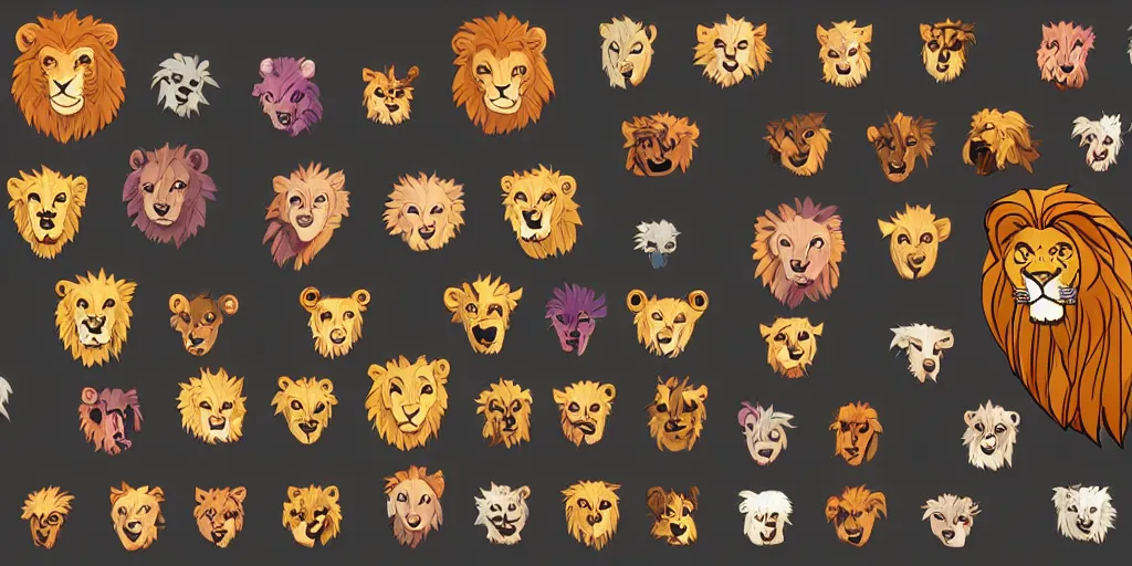 Prompt: game asset of unique lion heads on black background, big grin, organic, animated hanna barbera color palette, animated hanna barbera black inking, toon shading, 5 colors, solid colors, flat 2 d design, 2 d sprites, 8 k, close up