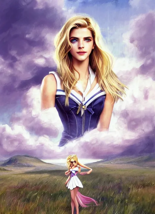 Image similar to portrait of a combination of Ashley Greene, Katheryn Winnick, Victoria Justice and Adriana Dxim, Grace Kelly, Emma Watson and Lily Collins with blonde hair as Sailor Moon, countryside, calm, fantasy character portrait, dynamic pose, above view, sunny day, thunder clouds in the sky, artwork by Jeremy Lipkin and Giuseppe Dangelico Pino and Michael Garmash and Rob Rey and Greg Manchess and Huang Guangjian, very coherent asymmetrical artwork, sharp edges, perfect face, simple form, 100mm