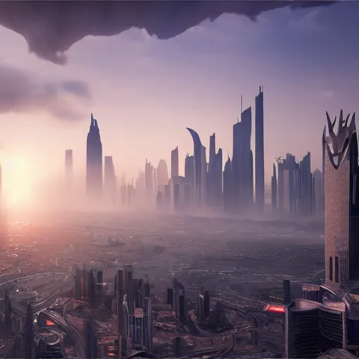 Image similar to detailed concept art of a great dragon presiding over the city of Dubai, the sun over a metropolis with the citizens looking upward in fear, darkness. Fire, stunning volumetric light, sunset, metal, concrete and translucent material, debris, trending on Artstation, 8k, photorealistic, hyper detailed, unreal engine 5, IMAX quality, cinematic, epic lighting,