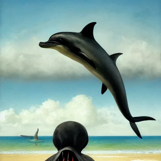 Prompt: a hyper realistic painting of the grim reaper sitting on of a dolphin jumping over a rainbow, by greg rutkowski and santiago caruso,