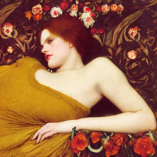 Image similar to preraphaelite photography reclining on bed, a hybrid of judy garland and a hybrid of lady gaga and katie holmes, aged 2 5, big brown fringe, wide shot, yellow ochre ornate medieval dress, john william waterhouse, kilian eng, rosetti, john everett millais, william holman hunt, william morris, 4 k