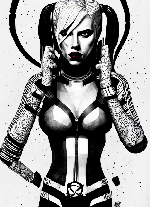 Image similar to symmetry concpet art, full shot, traditional ink, sketch, of scarlet johansson as harley quinn, line sketch, intricate, elegant, highly detailed, monochrome, digital painting, artstation, concept art, sharp focus, illustration, art by borderlands 3 and peter polach