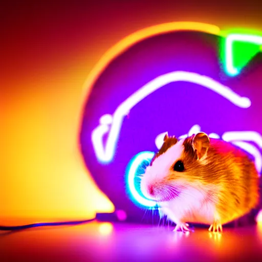 Image similar to cyberpunk hamster made of glowing neon lights holding a rainbow gem crystal, light reflection, 8 k, hd, logo