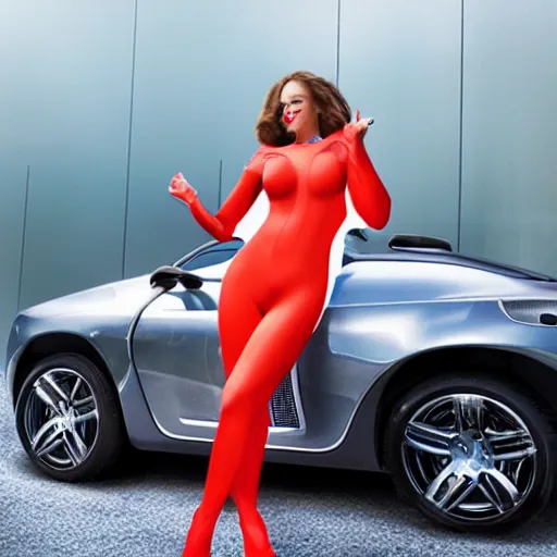 Prompt: promotional photo of a beautiful woman in a catsuit presenting a cat car, shiny, hyper detailed, uhd, 8k, award winning,