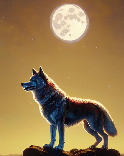 Image similar to highly detailed surreal vfx portrait of a metallic chromatic samurai wolf in front of a full moon, stephen bliss, unreal engine, greg rutkowski, loish, rhads, beeple, makoto shinkai and lois van baarle, ilya kuvshinov, rossdraws, tom bagshaw, alphonse mucha, global illumination, detailed and intricate environment