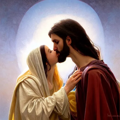 Prompt: jesus kissing a maria maddalena, elegant, highly detailed, digital painting, artstation, concept art, matte, sharp focus, illustration, art by artgerm and greg rutkowski and alphonse mucha, large shot