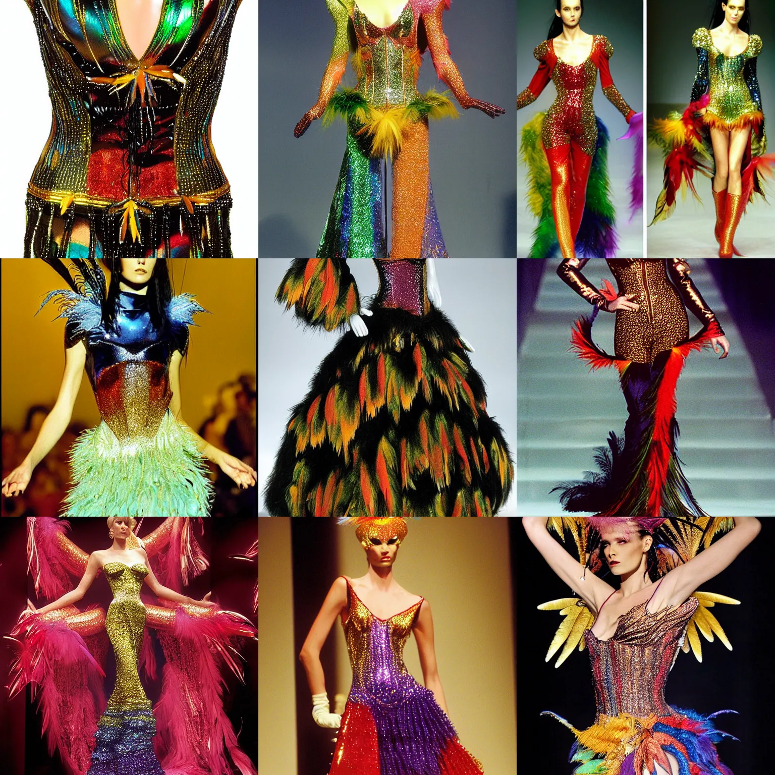 Prompt: La Chimère by Thierry Mugler Autumn/Winter 1997-1998, shimmering all colours of the rainbow with innumerable colourful pearls, feathers, scales, real hair, and a gold hinged corset adorned with crystals and horsehair at the ends of the sleeves and bottom of the dress