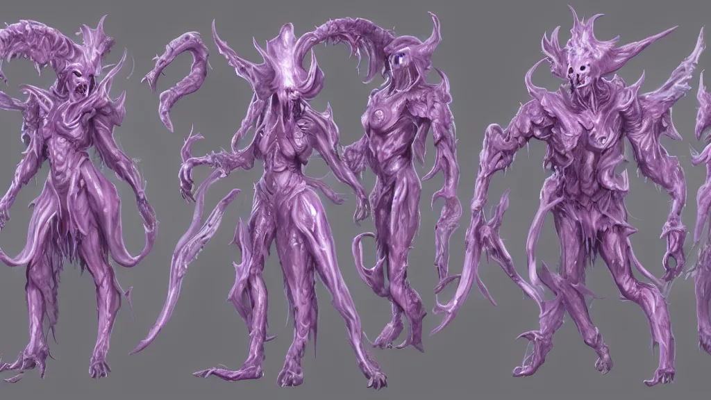 Image similar to a fantasy Bright iridescent ghost demon with four arms character design sheet, trending on artstation