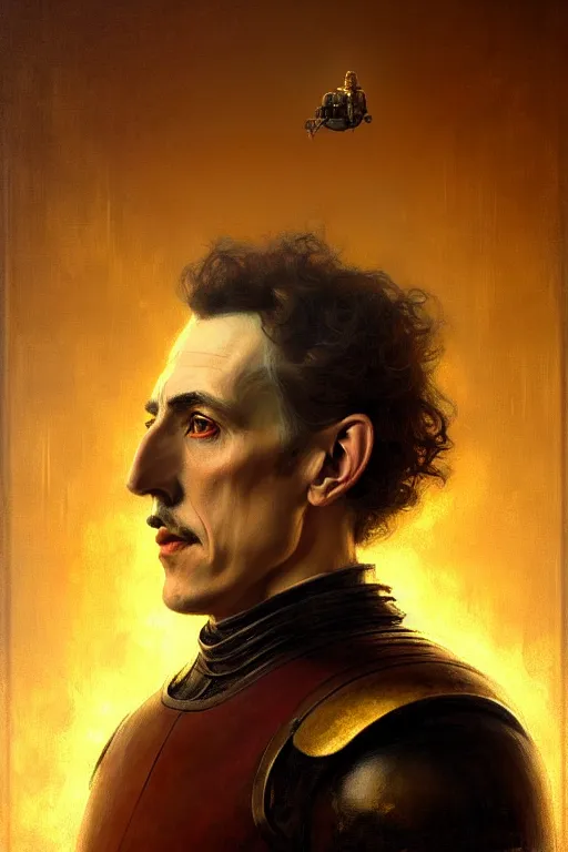 Prompt: breathtaking soft painting of nicolas tesla with an intricate knight armor in a golden sky, books flying around, realistic symmetrical face features, rembrandt style, elegant, highly detailed, artstation, concept art, matte, sharp focus, art by tom bagshaw, and greg rutkowski