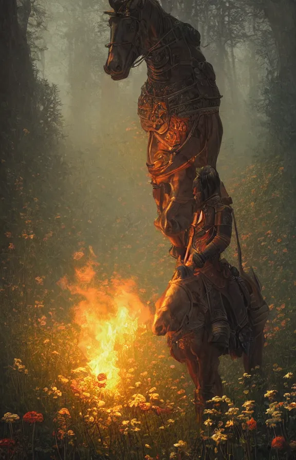 Image similar to portrait of a knight among flowers in dark forest, surrounded by fire and smoke, moody, rim light, dynamic lighting, cinematic shot, gritty, ultra - detail, renderman, physically based render, jean delville, gustave dore and marco mazzoni