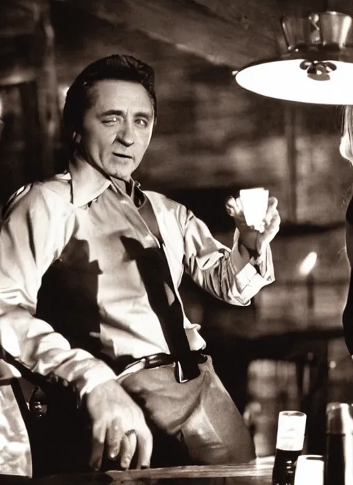 Image similar to a close - up, color cinema film still of a johnny cash talking to a beautiful hooters woman drinking whiskey at a hooters, ambient lighting at night.