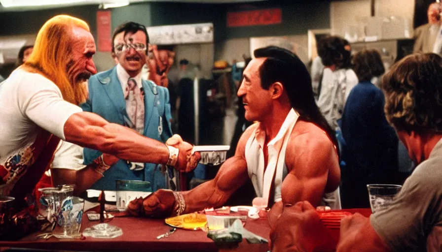 Image similar to 7 0 s movie still of peewee herman arm wrestling hulk hogan, cinestill 8 0 0 t _ 3 5 mm eastmancolor, heavy grain, high quality, high detail