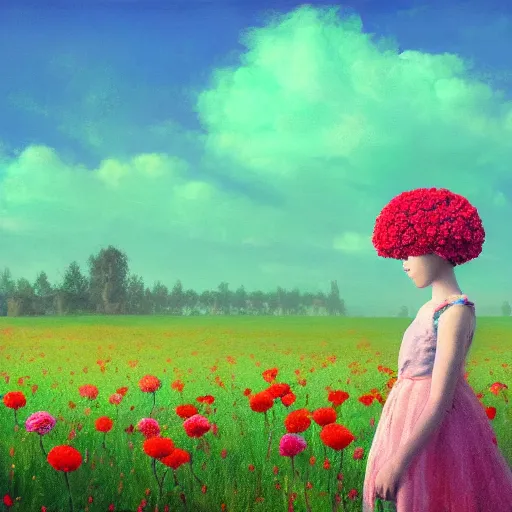 Image similar to head made of carnations flower, girl standing in the middle of a flower field, surreal photography, sunrise dramatic light, impressionist painting, colorful clouds, digital painting, artstation, simon stalenhag, flower face