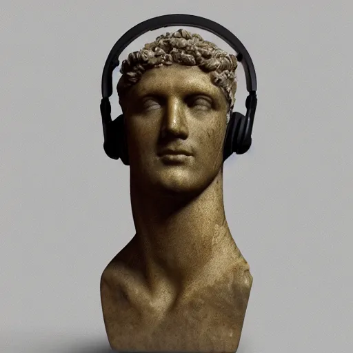 Prompt: a roman bust wearing headphones listening to music, in the style of vaporwave, vaporwave style, 4k, hi res
