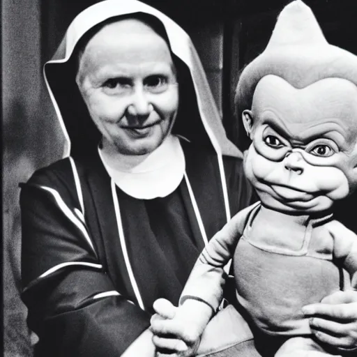 Image similar to a nun in church holding chucky the demonic killer doll on her lap