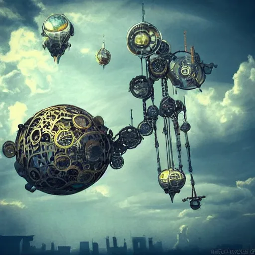 Prompt: flying city in a steel flower, sky, steampunk!!!, fantasy art, steampunk, masterpiece, octane