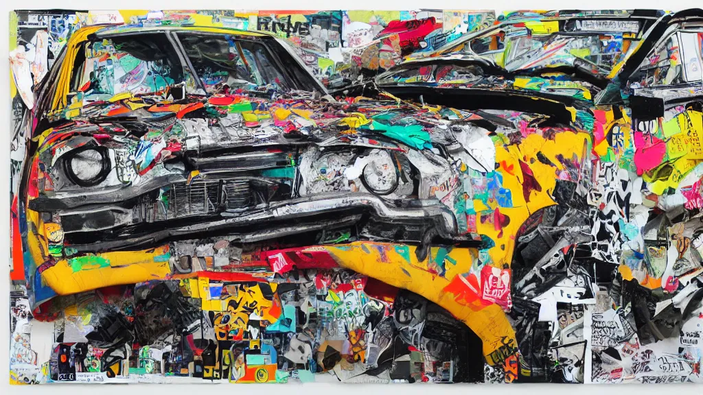 Prompt: lowrider crash test, collage paper and tape, pencil and graffiti marker, acrylic on canvas, expressionism, high resolution, cinematic, unreal 6 breathtaking detailed, by blake neubert